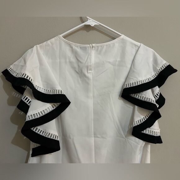Shein white ruffle sleeve loose blouse with black detailing. - Picture 6 of 7